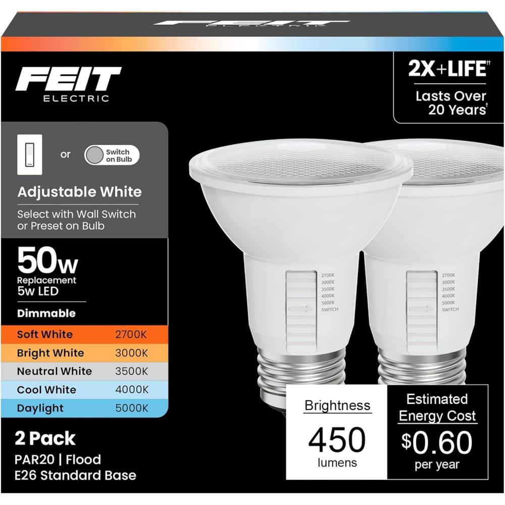 imageFeit Electric PAR20 LED Bulbs 50W Equivalent Dimmable Spotlight Bulbs 3000k Bright White E26 Base 90 CRI 450 Lumen 22Year Lifetime PAR20 Flood Light Bulbs Damp Rated PAR20DM930CA4 4 Pack6way