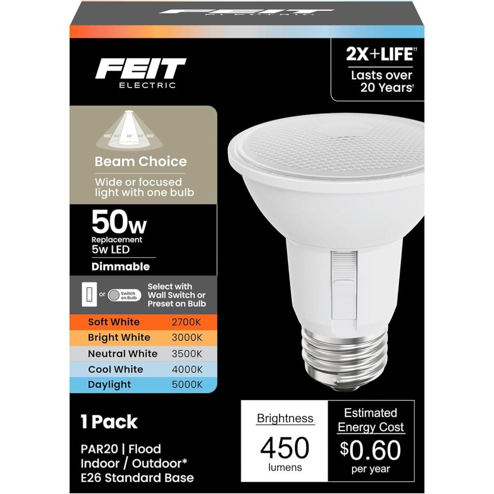 imageFeit Electric PAR20 LED Reflector Light 50W Equivalent Dimmable Adjustable Beam Adjustable White 2700K5000K 90 CRI IndoorOutdoor Track Lighting 25000Hour Lifetime PAR20ADJ6WYCA