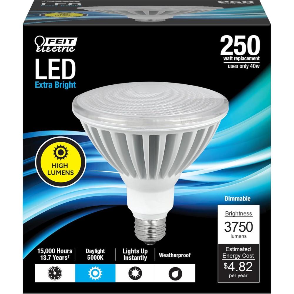 imageFeit Electric PAR38 LED Light Bulb 250W Equivalent Dimmable 5000K Daylight 3750 Lumens E26 Base Wet Rated IndoorOutdoor Recessed Can Light Bulbs 15000Hour Lifetime PAR38DM37505KLED5000k Daylight