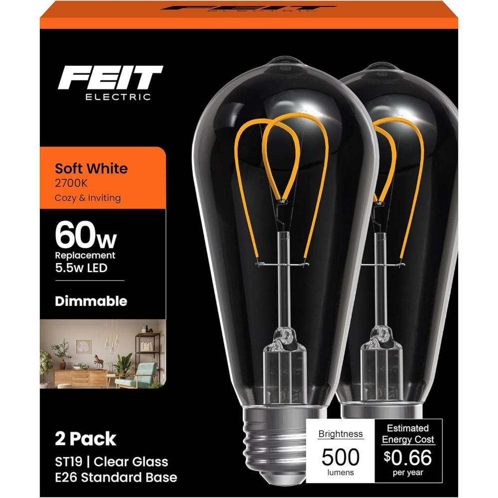 imageFeit Electric ST19 LED Vintage Light Bulb 60W Equivalent Dimmable 2700K Soft White 90 CRI Decorative Glass Filament E26 Base Indoor Use 17000Hour Lifetime ST1960M2927CAFIL2 2 Pack