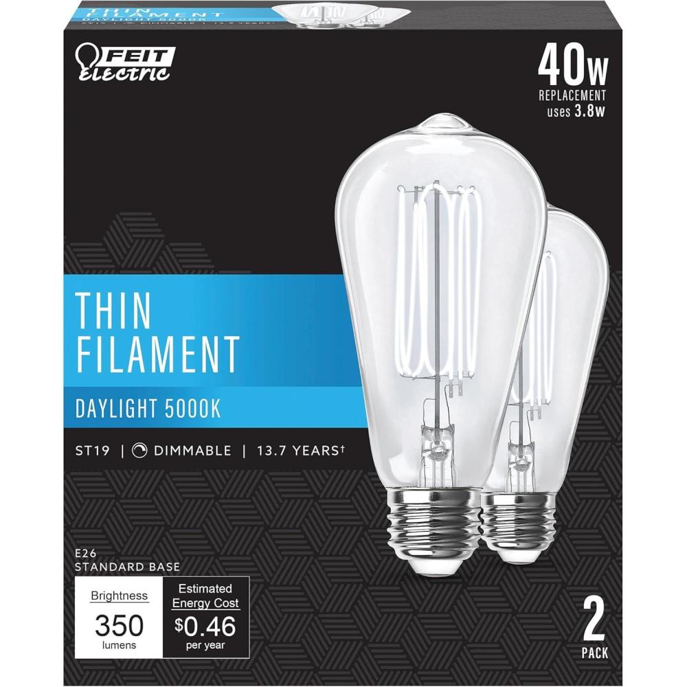 imageFeit Electric ST19 Vintage Edison LED Light Bulb 40W Equivalent Dimmable 5000K Daylight E26 Base Clear Glass Thin Filament Lighting Bulbs 15000Hour Lifetime ST1940950CATFIL2 2 Pack5000k Daylight
