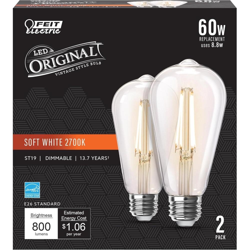 imageFeit Electric ST19 Vintage Edison LED Light Bulb 60W Equivalent Dimmable 2100K Warm Light 400 Lumens Straight Filament Clear Glass Light Bulbs 15000Hour Lifetime ST19CLVGLED24 8 Pack2700k Soft White