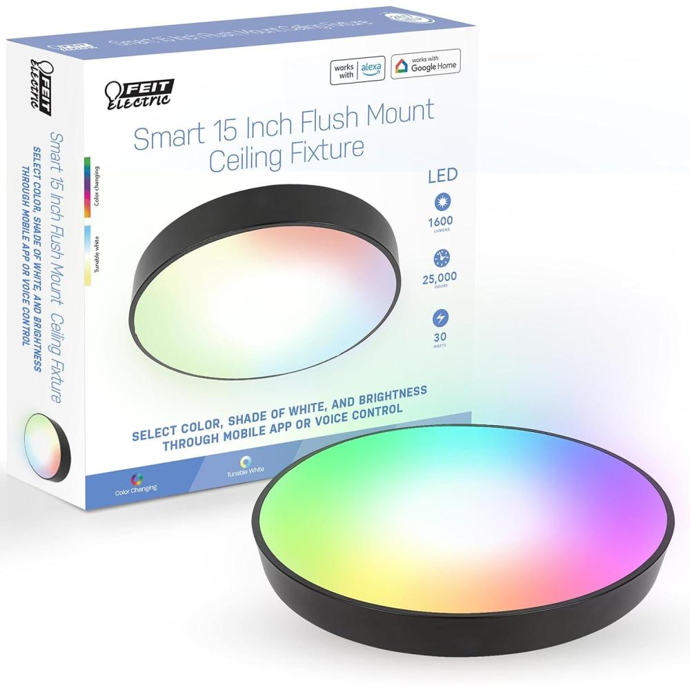 imageFeit Electric Smart Ceiling Light Fixture 15quot Round Flush Mount Color Changing Music Sync Works with Alexa and Google Home Asst 30W 1600 Lumens Tunable White 22Year Lifetime FM15RGBWDIMAG