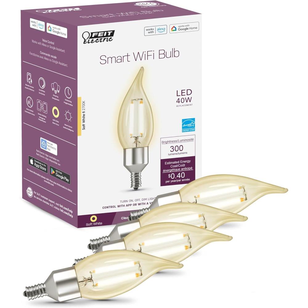 imageFeit Electric Smart LED Candle Wifi Bulb Works with Alexa or Google Assistant E12 base No Hub Flame Tip Filament Chandelier Light Bulb 2700K Soft White 4 Pack CFC40927CAFILAG4