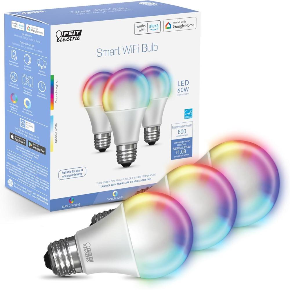 imageFeit Electric Smart Light Bulbs 24 Ghz WiFi Light Bulbs No Hub Needed Works with Alexa and Google Dimmable 60 Watt  LED 9W OM60927CAAG3 2700K Soft White 3 PackRgbw Multicolor