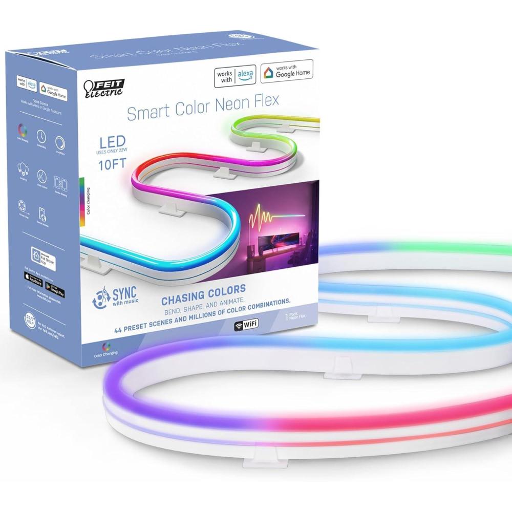 imageFeit Electric Smart Neon Strip Lights 10FT Flexible RGBW Color Chasing LED Light Strip 24GHz WiFi Enabled Works with Alexa and Google Home Assistant 22W Music Sync App Control NF10CHASEAGNeon Flex Rope Light
