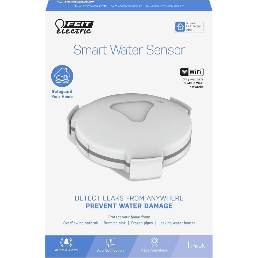 imageFeit Electric Smart WiFi Water Leak Sensor with Audible Alarm Wireless IndoorOutdoor 247 Home Security System with Mobile App Notification Battery Operated No Hub Required H2OWiFi