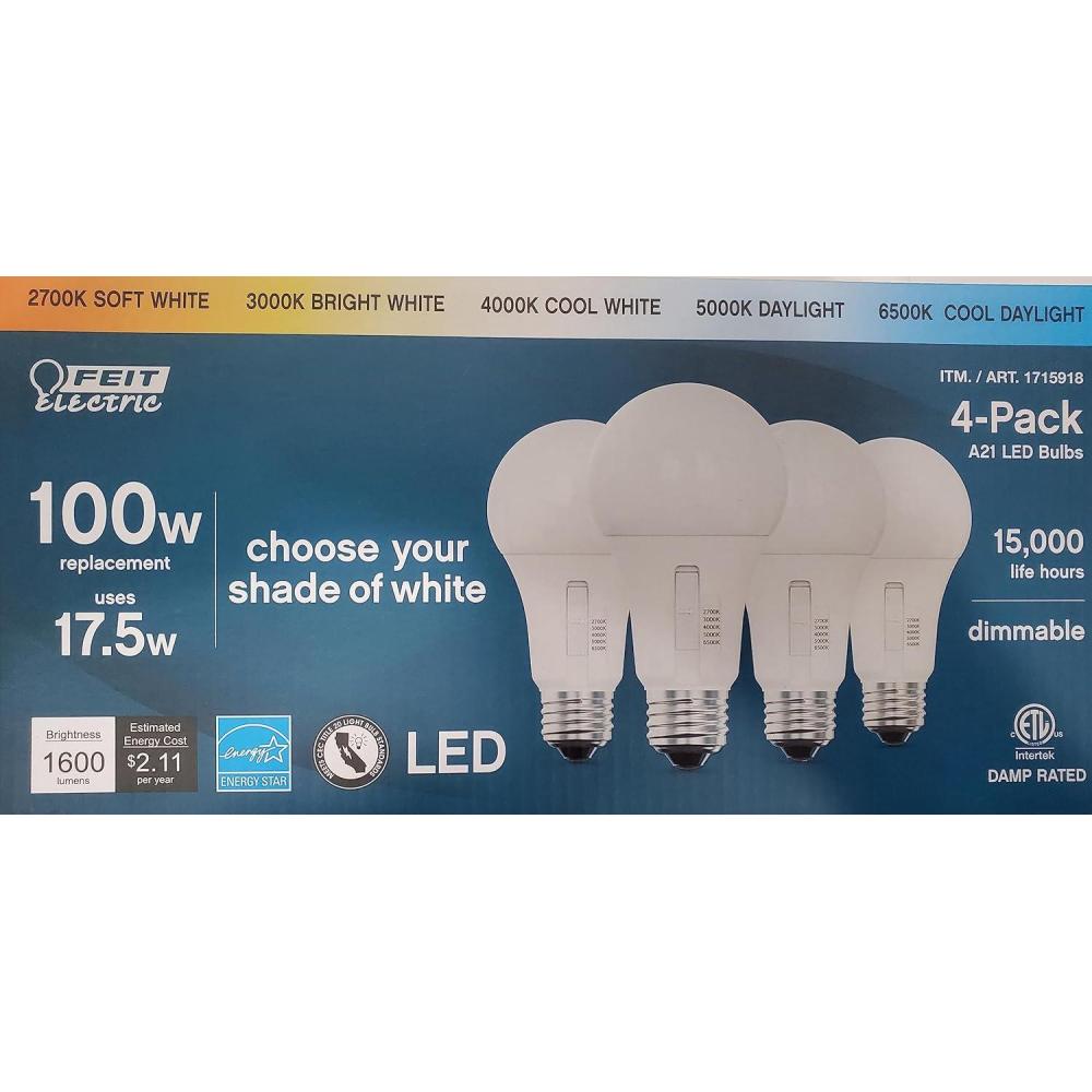 imageSelectable Color A21 LED Bulb 4Pack  175W 100W Replacement E26 Base by Feit Electric