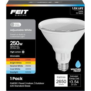 Feit Electric PAR38 LED Reflector Light Bulb, 250W Equivalent, 5 Color Temperatures (Soft to Daylight), Dimmable, 2650 Lumens, Outdoor/Indoor Bulb for Security & Accent Lighting, PAR38250DM5CCT(Adjustable White)