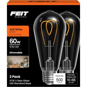 Feit Electric ST19 LED Vintage Light Bulb, 60W Equivalent, Dimmable, 2700K Soft White, 90+ CRI, Decorative Glass Filament, E26 Base, Indoor Use, 17,000-Hour Lifetime, ST1960M2/927CAFIL/2, 2 Pack