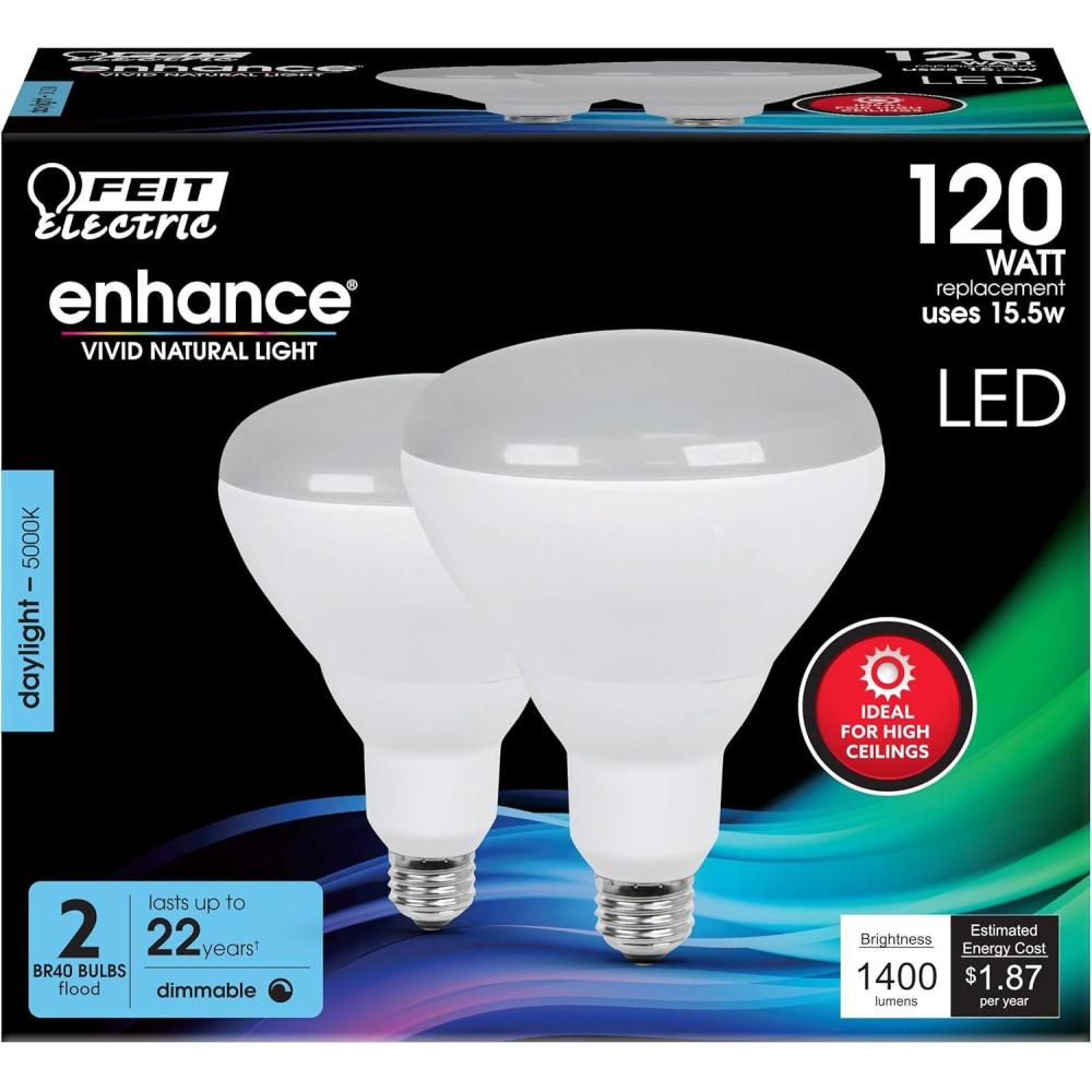 imageFeit Electric BR40 LED Light Bulbs 120W Equivalent Dimmable E26 Medium Base 1400 Lumens 3000K Bright White 120V 90 CRI 228 Years Lifetime Frosted Bulbs Damp Rated 2 Pack BR40DMHO930CA2No Color