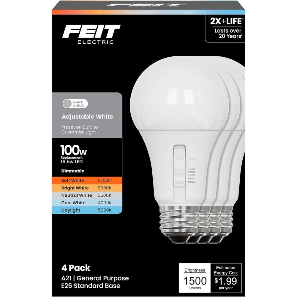 imageFeit Electric A21 LED Light Bulb 100W Replacement Dimmable 5CCT Selectable Color Temperatures 2700K5000K 1500 Lumens General Purpose Lightbulbs 25000Hour Lifetime OM100DM5CCTCA4 4 Pack