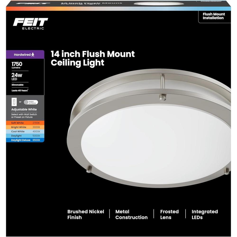 image:imageFeit Electric 14 Adjustable White LED Ceiling Fixture Dimmable Flush Mount Light Selectable Color Temperature Chrome DualRing Finish Versatile Lighting 50000Hour Lifespan FM14DR16WYNK5CCT