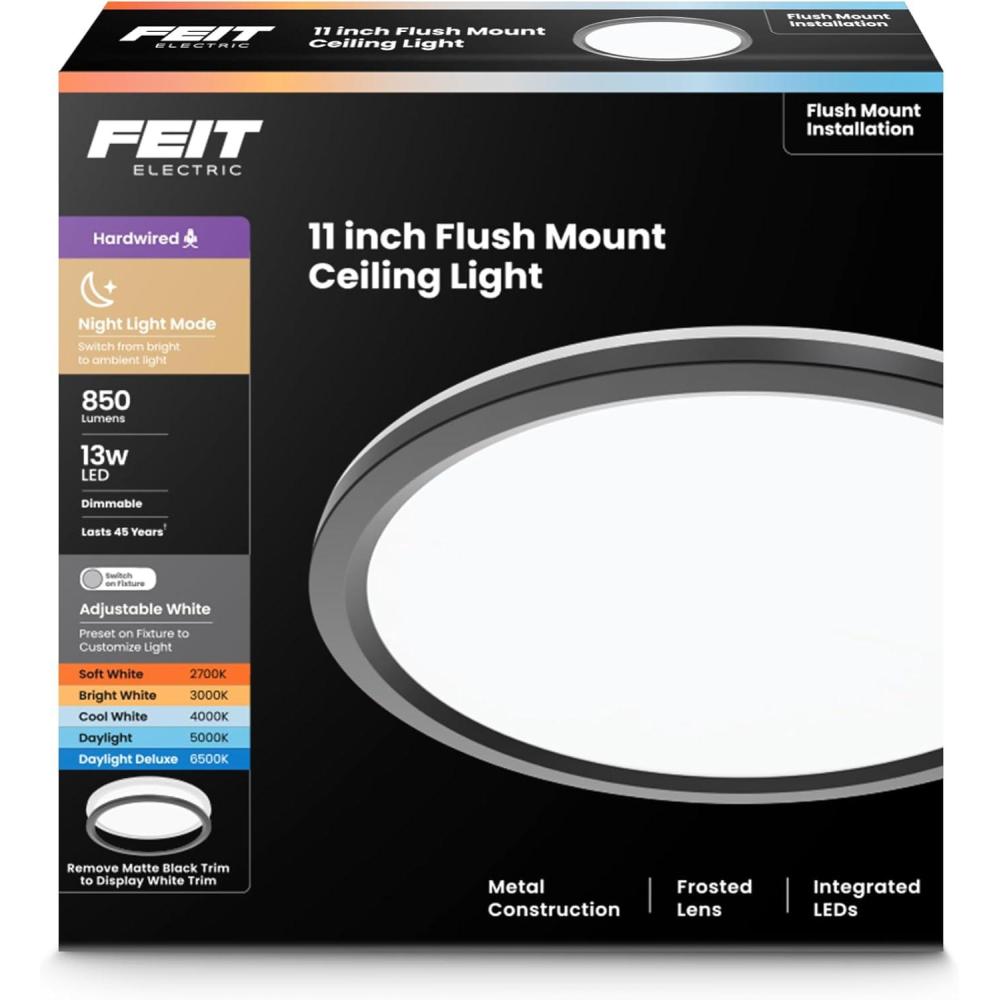 image:imageFeit Electric 9 Adjustable White LED Ceiling Light Dimmable Flush Mount Fixture Brushed Nickel Finish Selectable Color Temperature 900 Lumens 50000Hour Lifespan FM95CCTNKMatte Black