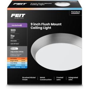 Feit Electric 9″ Adjustable White LED Ceiling Light, Dimmable Flush Mount Fixture, Brushed Nickel Finish, Selectable Color Temperature, 900 Lumens, 50,000-Hour Lifespan, FM9/5CCT/NK(Brushed Nickel)