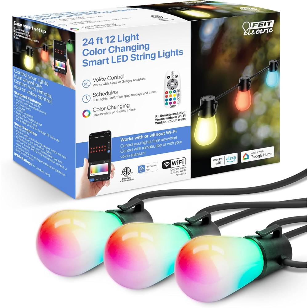 image:imageFeit Electric 24ft Smart Outdoor String Lights 12 Socket Color Changing Works with AlexaGoogle Assistant Heavy Duty and Weather Resistant Frosted Bulb LVSL2412RGBWAG