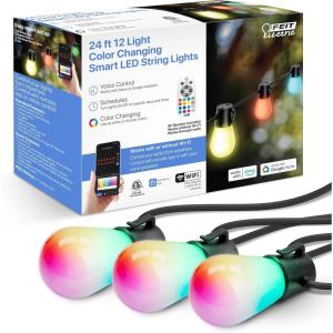 Feit Electric 24ft Smart Outdoor String Lights, 12 Socket Color Changing Works with Alexa/Google Assistant, Heavy Duty and Weather Resistant – Frosted Bulb – LVSL24-12/RGBW/AG