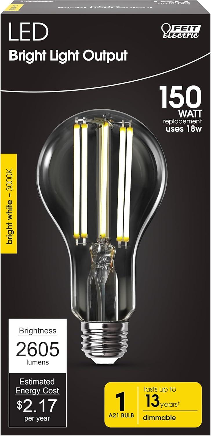 image:imageFeit Electric A21 LED Filament Light Bulb 150W Equivalent 2605 Lumens Bright White 3000K Dimmable E26 Base Clear Glass Decorative Vintage Style 15000Hour Lifetime OM150DMCL830FIL