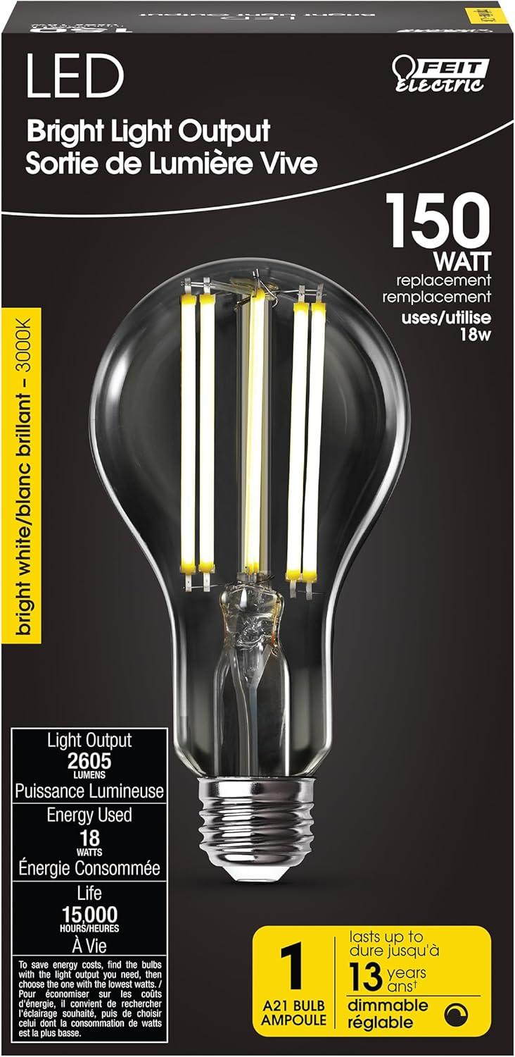 image:imageFeit Electric A21 LED Filament Light Bulb 150W Equivalent 2605 Lumens Bright White 3000K Dimmable E26 Base Clear Glass Decorative Vintage Style 15000Hour Lifetime OM150DMCL830FIL