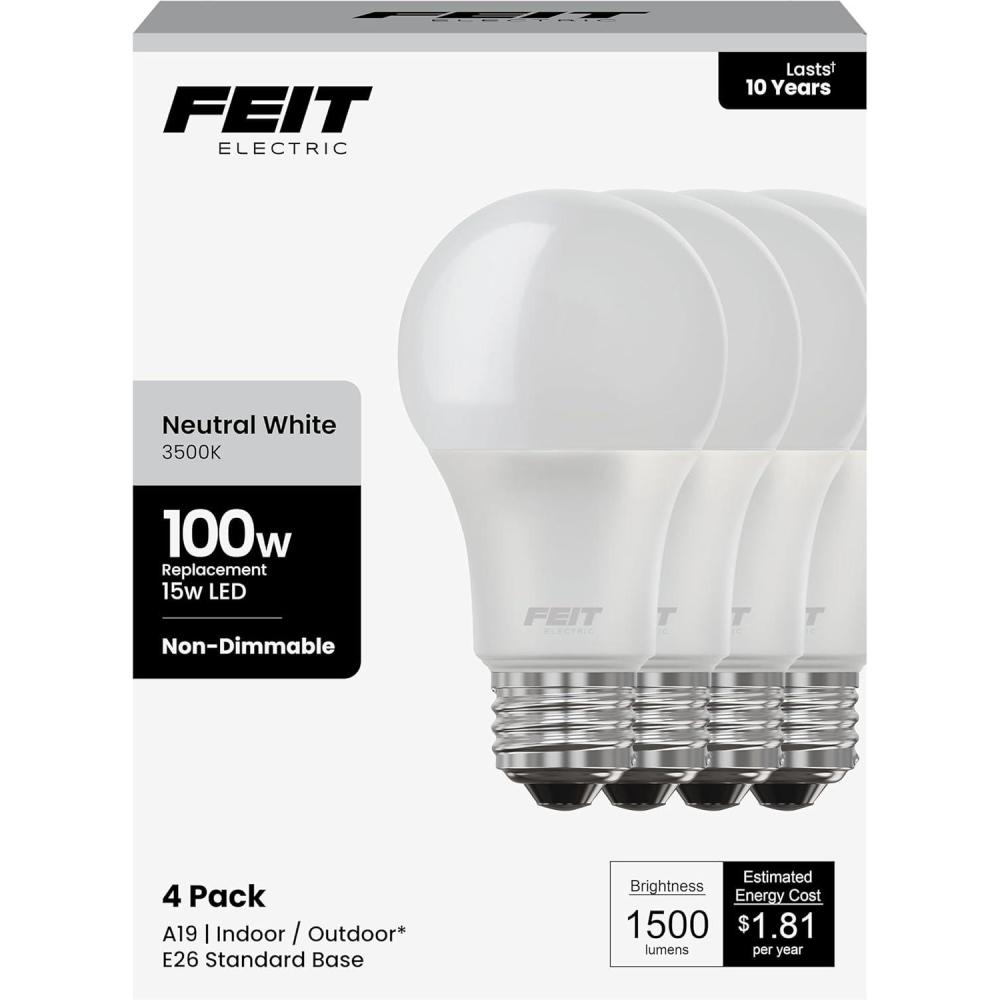 image:imageFeit Electric A19 LED Light Bulb 100W Equivalent 1500 Lumens 3500K Neutral White NonDimmable E26 Base IndoorOutdoor General Purpose LED Bulbs 11000Hour Lifespan A160083510KLED4 4 Pack3500k Neutral White