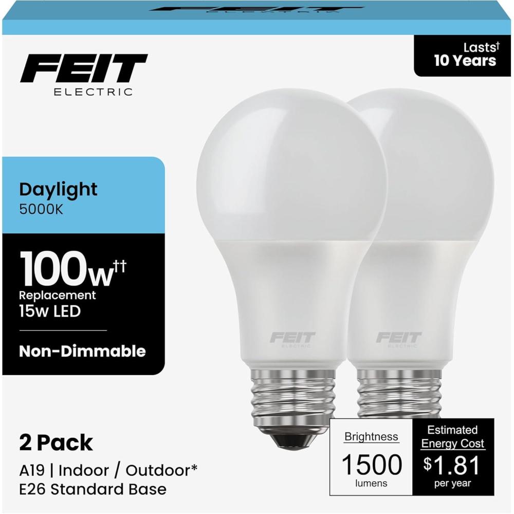image:imageFeit Electric A19 LED Light Bulb 100W Equivalent 1500 Lumens 3500K Neutral White NonDimmable E26 Base IndoorOutdoor General Purpose LED Bulbs 11000Hour Lifespan A160083510KLED4 4 Pack5000k Daylight