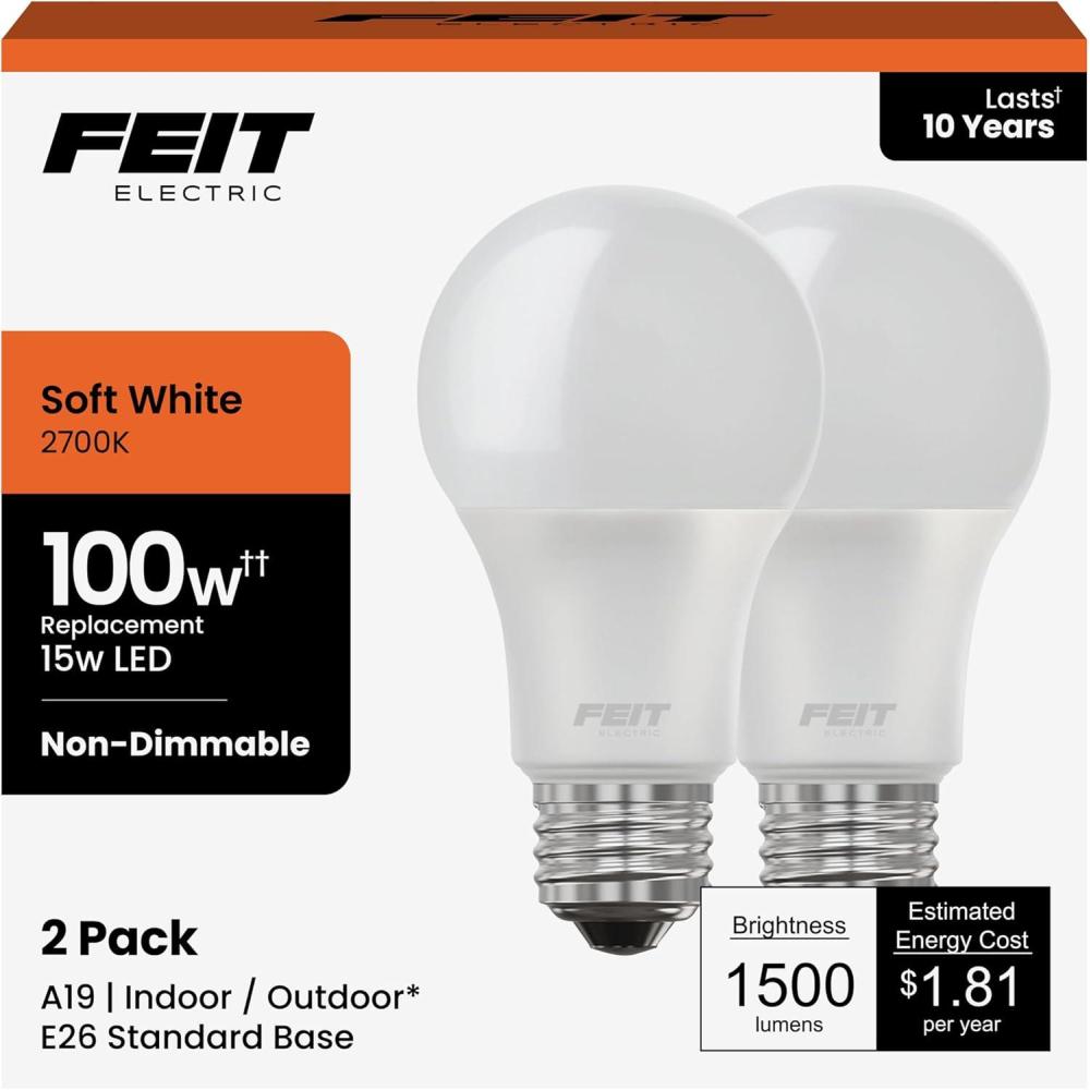 image:imageFeit Electric A19 LED Light Bulb 100W Equivalent 1500 Lumens 3500K Neutral White NonDimmable E26 Base IndoorOutdoor General Purpose LED Bulbs 11000Hour Lifespan A160083510KLED4 4 Pack2700k Soft White