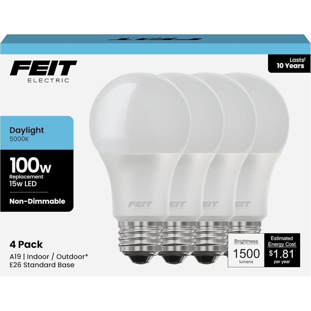 image:imageFeit Electric A19 LED Light Bulb 100W Replacement 1500 Lumens 5000K Daylight E26 Base 15Watts General Purpose IndoorOutdoor Lighting Bulbs 11000Hour Lifespan A160085010KLED4 4 Pack