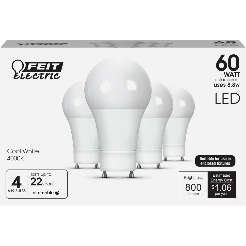 image:imageFeit Electric A19 LED Light Bulbs 60W Equivalent GU24 TwistLock Base Dimmable 4000K Cool White 800 Lumens 90 CRI Enclosed Fixture Rated 25000Hour Lifetime OM60DM940CAGU244 4Pack