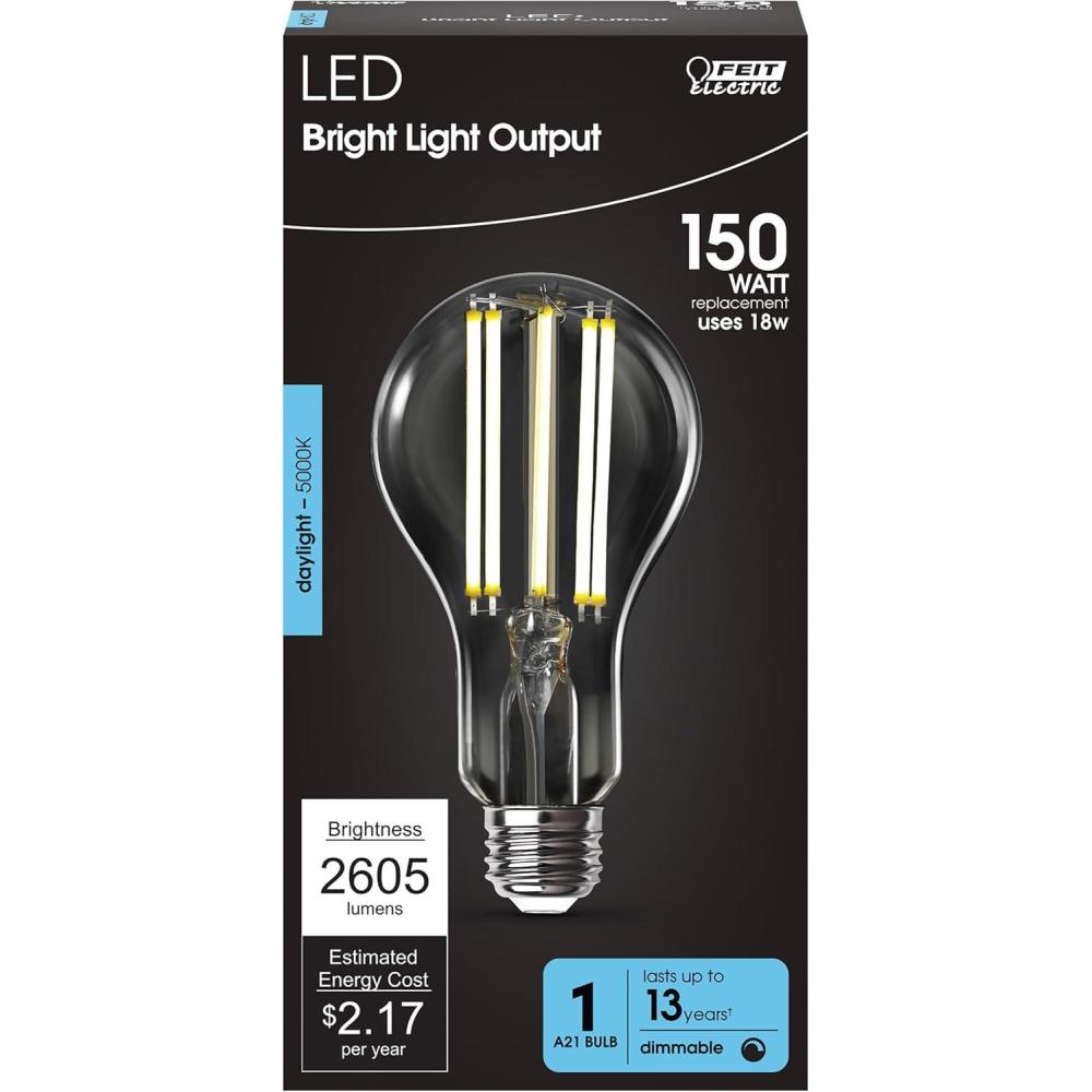 image:imageFeit Electric A21 LED Filament Light Bulb 150W Equivalent 2605 Lumens 5000K Daylight White Clear Glass Decorative AShape Dimmable 15000Hour Lifetime OM150DMCL850FIL