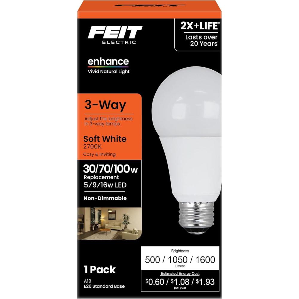 image:imageFeit Electric A21 LED Light Bulb 3Way Adjustable Wattage 50100150 Equivalent E26 Base Non Dimmable 2200 Lumen 2700K Soft White General Purpose Bulbs 25000Hour Lifetime A50150927CA2700k Soft White
