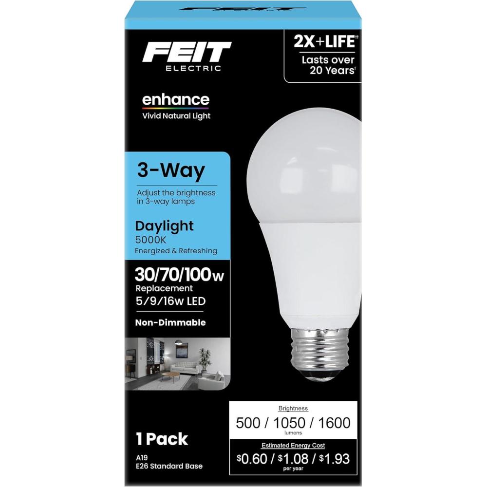 image:imageFeit Electric A21 LED Light Bulb 3Way Adjustable Wattage 50100150 Equivalent E26 Base Non Dimmable 2200 Lumen 2700K Soft White General Purpose Bulbs 25000Hour Lifetime A50150927CA5000k Daylight