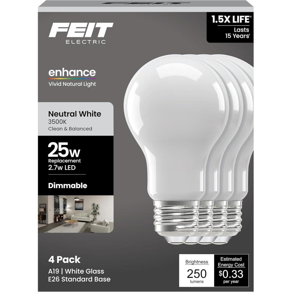 image:imageFeit Electric Enchance A19 LED Light Bulbs 27W 25W Equivalent Neutral White 3500K Dimmable 90 CRI E26 Base 17000Hour Lifetime Residential or Commercial Bulb A1925935CAFIL4GB 4Pack