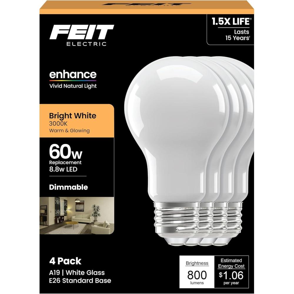 image:imageFeit Electric Enchance A19 LED Light Bulbs 88W 60W Equivalent 3000K Bright White Dimmable 90 CRI E26 Base 17000Hour Lifetime Residential or Commercial Bulb A1960930CAFIL4 4Pack