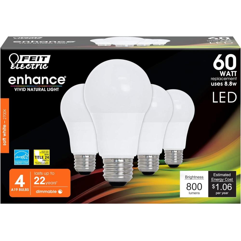 image:imageFeit Electric Enhance LED A19 Light Bulb 60W Equivalent 88W 800 Lumens 2700K Soft White 90 CRI Dimmable E26 Base Enclosed Fixture amp Outdoor Safe 25000Hour Lifespan OM60DM927CA4 4 Pack