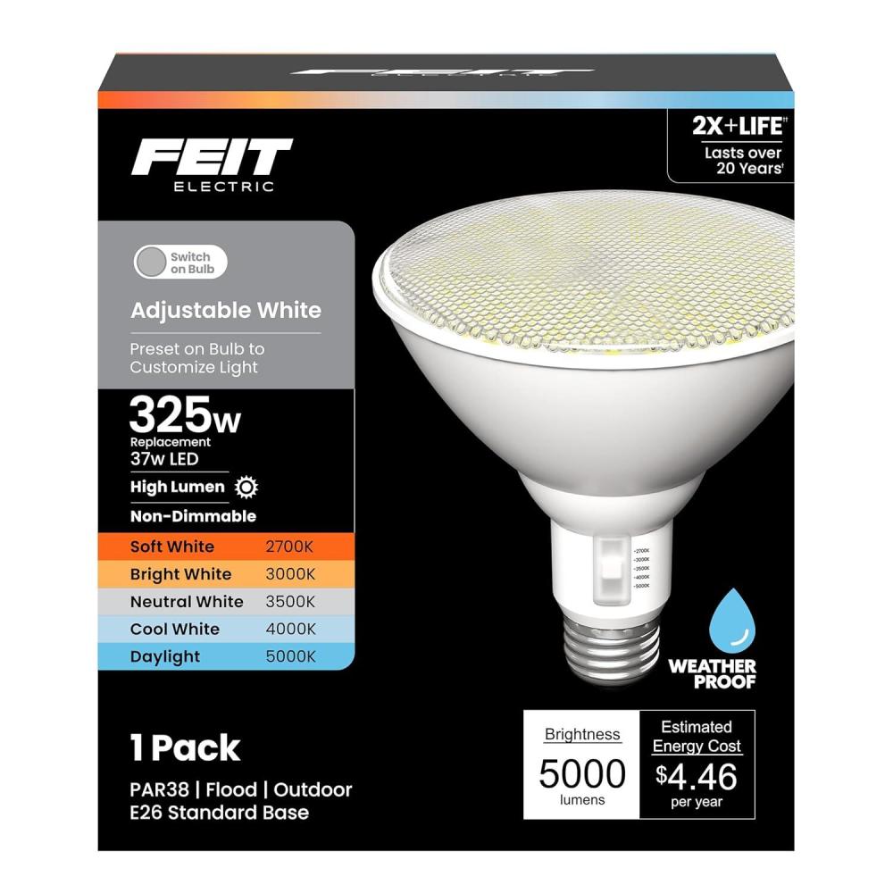 image:imageFeit Electric PAR38 LED Flood Light 325W Equivalent 5000 Lumens Adjustable White 5CCT 2700K6500K 37W Weatherproof Outdoor Security Bulb E26 Base 25000Hour Lifetime PAR3850005CCT