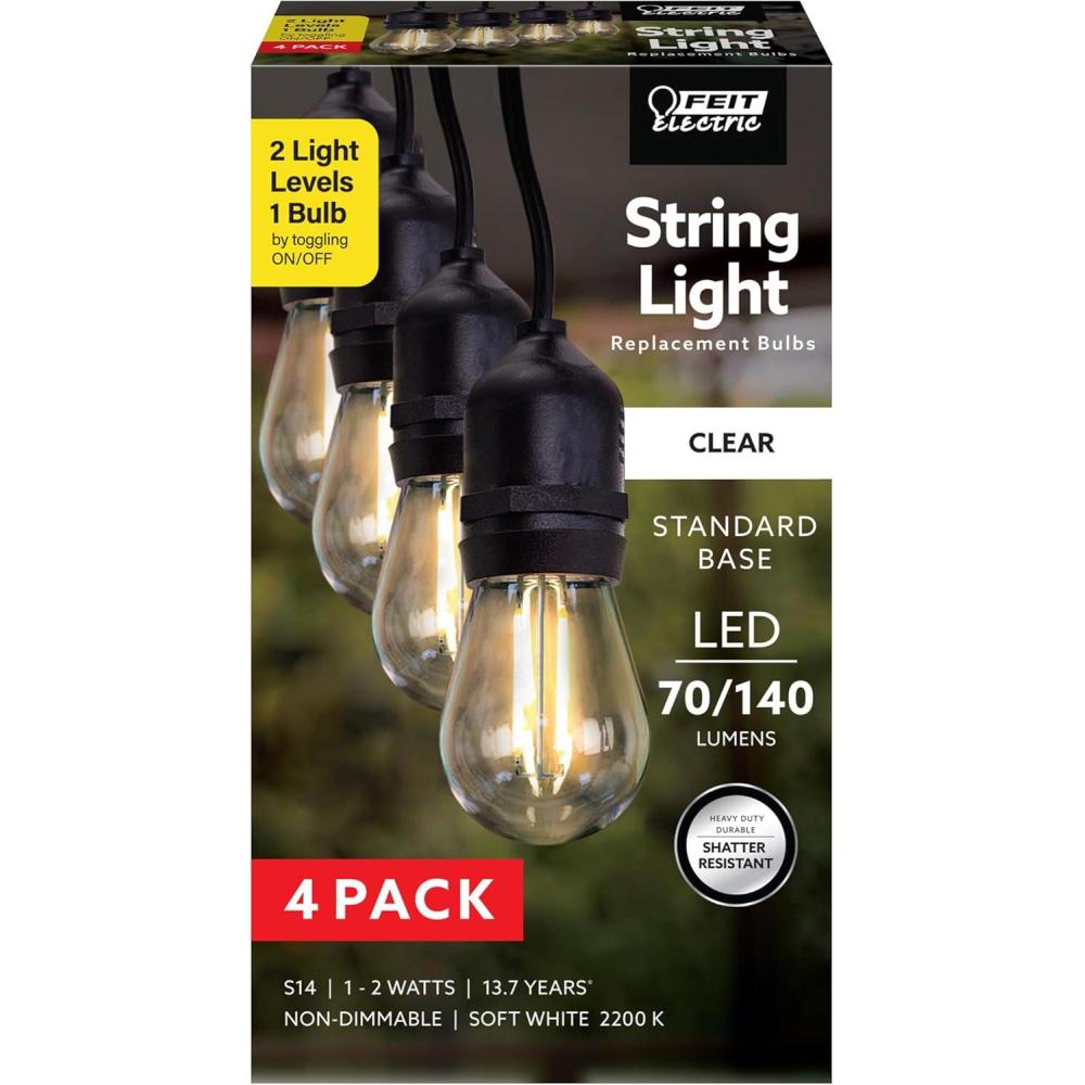 image:imageFeit Electric S14 LED Exposed Filament Light Bulbs Soft White 2200K SwitchSelectable 70140 Lumens Decorative String Light Replacement Bulbs 15000Hour Lifetime S148222DIMFIL4 4 Pack