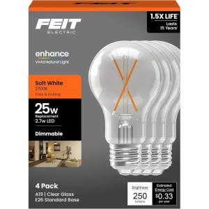 Feit Electric A19 Clear LED Light Bulb, 25W Equivalent, 2700K Soft White, Dimmable, 90+ CRI, 2.7W, E26 Base, 17,000-Hour Lifetime, General Purpose Light Bulbs, A1925CL927CA/FIL4/GB, 4 Pack