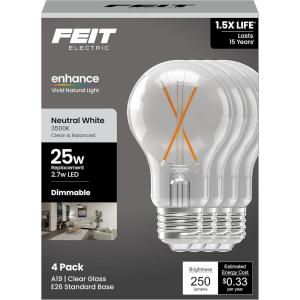 Feit Electric A19 Clear LED Light Bulb, 25W Equivalent, 3500K Neutral White, Dimmable, 90+ CRI, 2.7W, E26 Base, 17,000-Hour Lifetime, General Purpose Light Bulbs, A1925CL935CA/FIL4/GB, 4 Pack