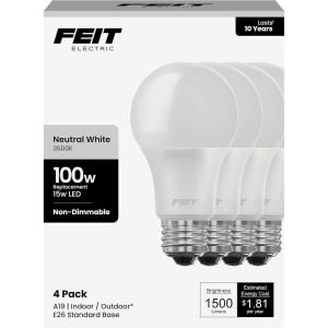 Feit Electric A19 LED Light Bulb, 100W Equivalent, 1500 Lumens, 3500K Neutral White, Non-Dimmable, E26 Base, Indoor/Outdoor, General Purpose LED Bulbs, 11,000-Hour Lifespan, A1600/835/10KLED/4, 4 Pack(3500k Neutral White)