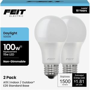 Feit Electric A19 LED Light Bulb, 100W Equivalent, 1500 Lumens, 3500K Neutral White, Non-Dimmable, E26 Base, Indoor/Outdoor, General Purpose LED Bulbs, 11,000-Hour Lifespan, A1600/835/10KLED/4, 4 Pack(5000k Daylight)