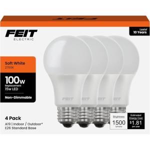 Feit Electric A19 LED Light Bulb, 100W Replacement, 1500 Lumens, 2700K Soft White, E26 Base, 15-Watts, General Purpose Indoor/Outdoor Lighting Bulbs, 11,000-Hour. Lifespan, A1600/827/10KLED/4, 4 Pack