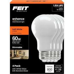 Feit Electric A19 LED Light Bulb, 60W Equivalent, 8.8W, Soft White 2700K, 800 Lumens, 90+ CRI Enhance Series, Omnidirectional,17,000-hour Lifetime, A1960/927CA/FIL/4, 4 Pack