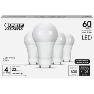 Feit Electric A19 LED Light Bulbs, 60W Equivalent, GU24 Twist-Lock Base, Dimmable, 4000K Cool White, 800 Lumens, 90+ CRI, Enclosed Fixture Rated, 25,000-Hour Lifetime, OM60DM/940CA/GU24/4, 4-Pack