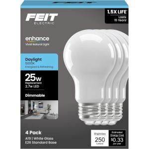 Feit Electric Enchance A19 LED Light Bulbs, 2.7W (25W Equivalent), 5000K Daylight, Dimmable, 90+ CRI, E26 Base, 17,000-Hour Lifetime, Residential or Commercial Bulb, A1925/950CA/FIL/4/GB, 4-Pack