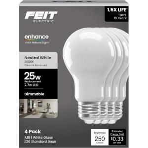 Feit Electric Enchance A19 LED Light Bulbs, 2.7W (25W Equivalent), Neutral White 3500K, Dimmable, 90+ CRI, E26 Base, 17,000-Hour Lifetime, Residential or Commercial Bulb, A1925/935CA/FIL/4/GB, 4-Pack