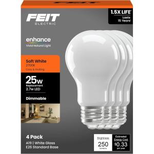 Feit Electric Enchance A19 LED Light Bulbs, 2.7W (25W Equivalent), Soft White 2700K, Dimmable, 90+ CRI, E26 Base, 17,000-Hour Lifetime, Residential or Commercial Bulb, A1925/927CA/FIL/4/GB, 4-Pack