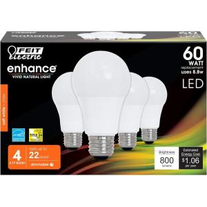 Feit Electric Enhance LED A19 Light Bulb, 60W Equivalent, 8.8W, 800 Lumens, 2700K Soft White, 90+ CRI, Dimmable, E26 Base, Enclosed Fixture & Outdoor Safe, 25,000-Hour Lifespan, OM60DM/927CA/4, 4 Pack