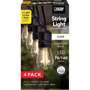 Feit Electric S14 LED Exposed Filament Light Bulbs, Soft White 2200K, Switch-Selectable 70/140 Lumens, Decorative String Light Replacement Bulbs, 15,000-Hour Lifetime, S14/822/2DIM/FIL/4, 4 Pack