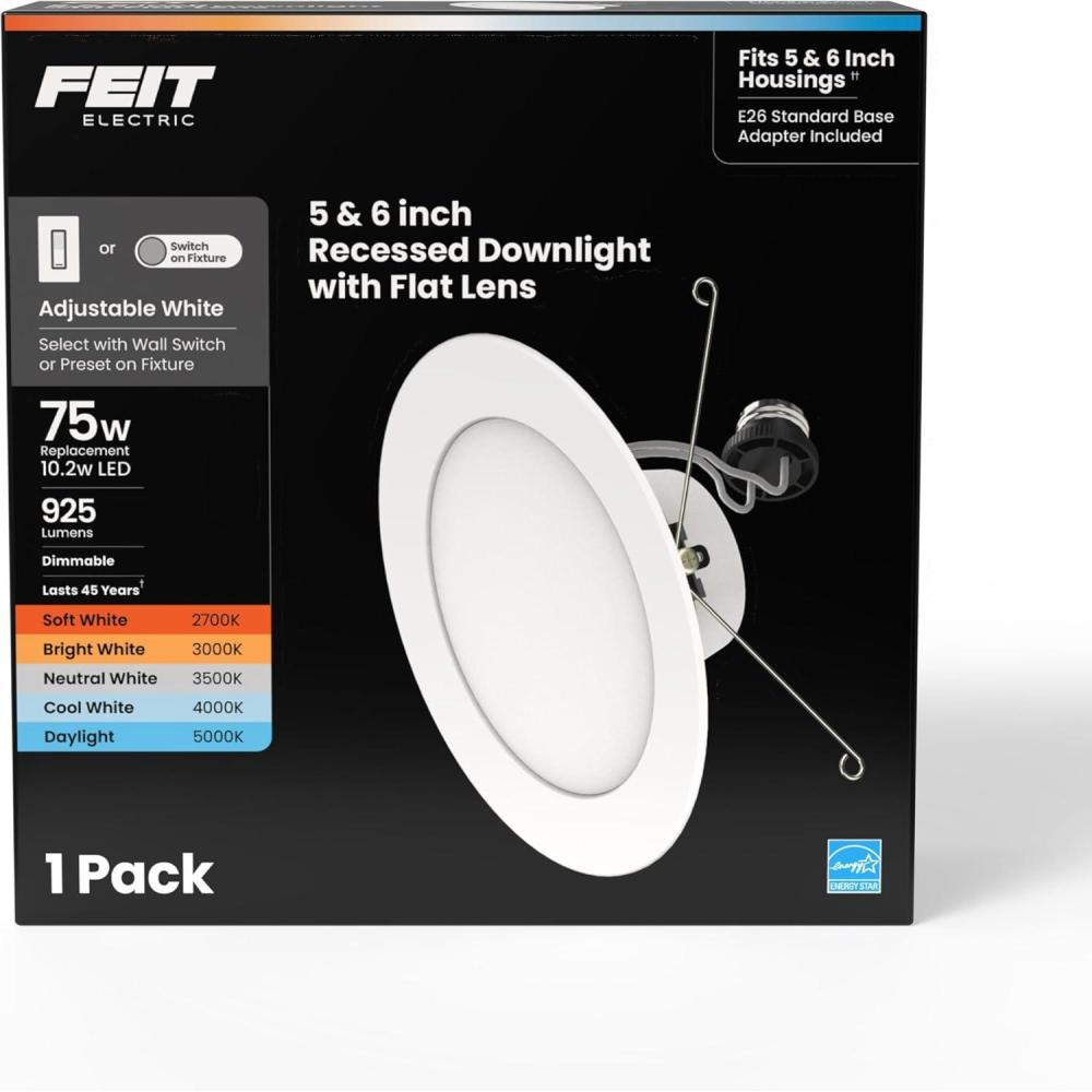image:imageFeit Electric 6in LED Recessed Downlight 75W Equivalent Adjustable White 2700K5000K SwitchSelectable Color Temperature Dimmable E26 Retrofit 102W 50000Hour Lifetime LEDR56F6WYCA
