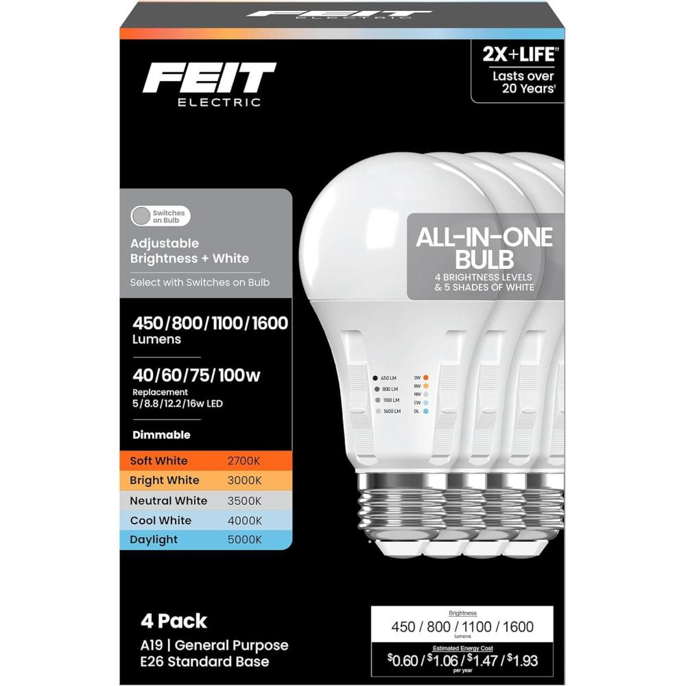 image:imageFeit Electric A21 AllinOne LED Light Bulb 100W Equivalent 4 Brightness Levels 5 Selectable White Color Temperatures 2700K5000K E26 Base SwitchAdjustable Dimmable OM100LSDM5CCTCA4 4 Pack